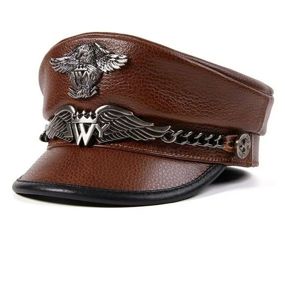 German Army Cap Natural Leather Flat Top Hat Men's Cowhide Captain's Cap Navy Hat Tide Warm Army Hat ,Durable Quality