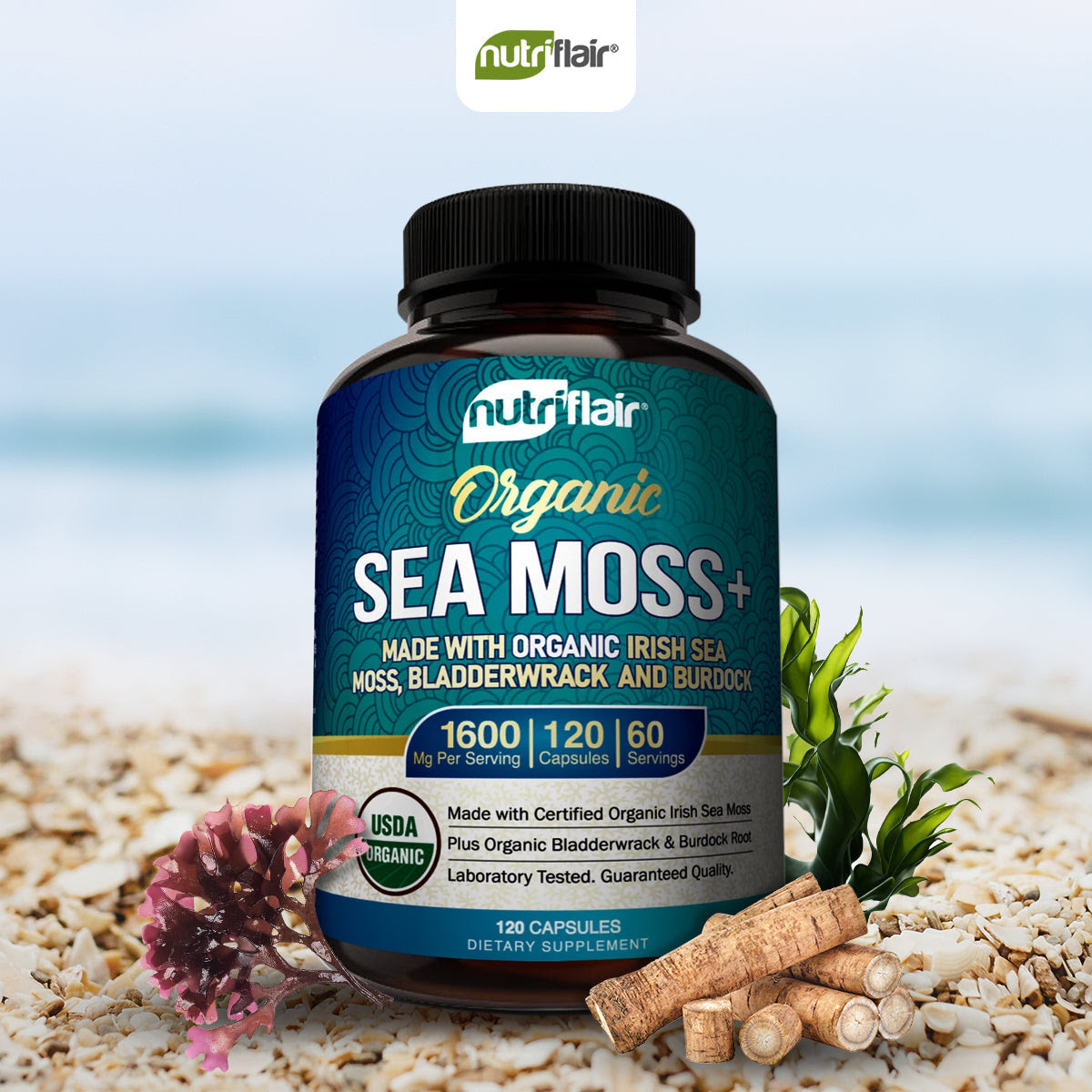 NutriFlair USDA Certified Organic Sea Moss Capsules 1600mg, 120 Capsules - Immunity, Gut, Energy - Superfood Sea Moss Supplements with Raw Sea Moss Powder for Women and Men - image 4 of 8