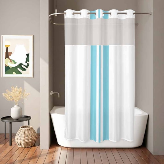 Holiday Themed Shower Curtain, Blue Stripes Waterproof No Hooks Bath Shower Curtain with See Through Top Window for Bathroom Bathtub 36x72in