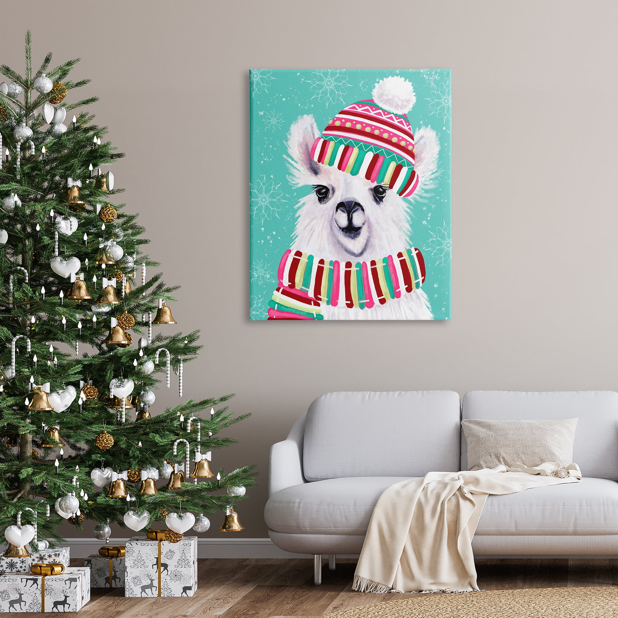 Stupell Indtries Festive Winter Llama Portrait Snowy Weather Scarf Hat,36 x 48,Design by Elizabeth Tyndall