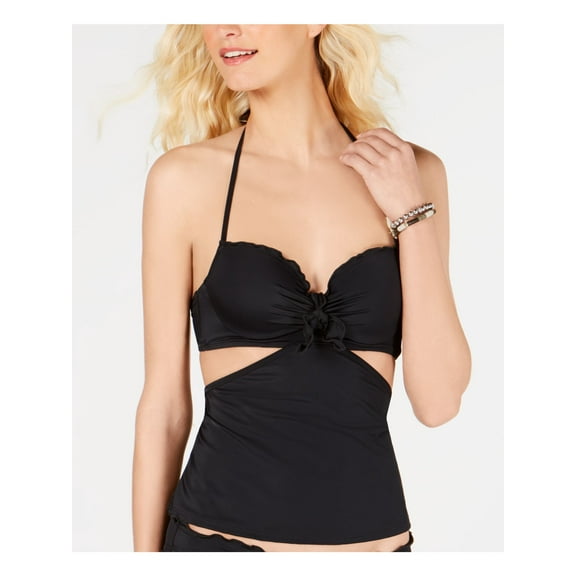 SUNDAZED Women's Black Deep V Neck Cutout Valorie Underwire Tankini Swimsuit Top 32DD