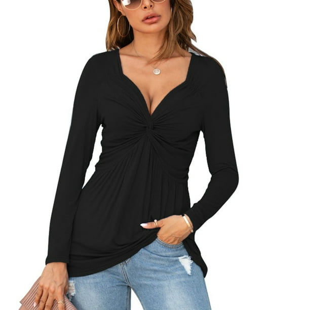 Blusa anudada en el frente Camisa Mujer Cuello en V Manga larga Camiseta casual Color solido Jersey Tops Negro XXL
