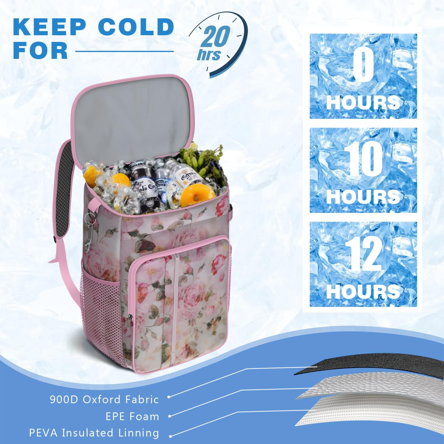 Travel Cooler Bag - Pioneer Flower Floral Print Pattern Camping Beer Cooler Backpack with Bottle Opener- Waterproof Insulated Picnic Backpacks - Cooler Bag for Beach