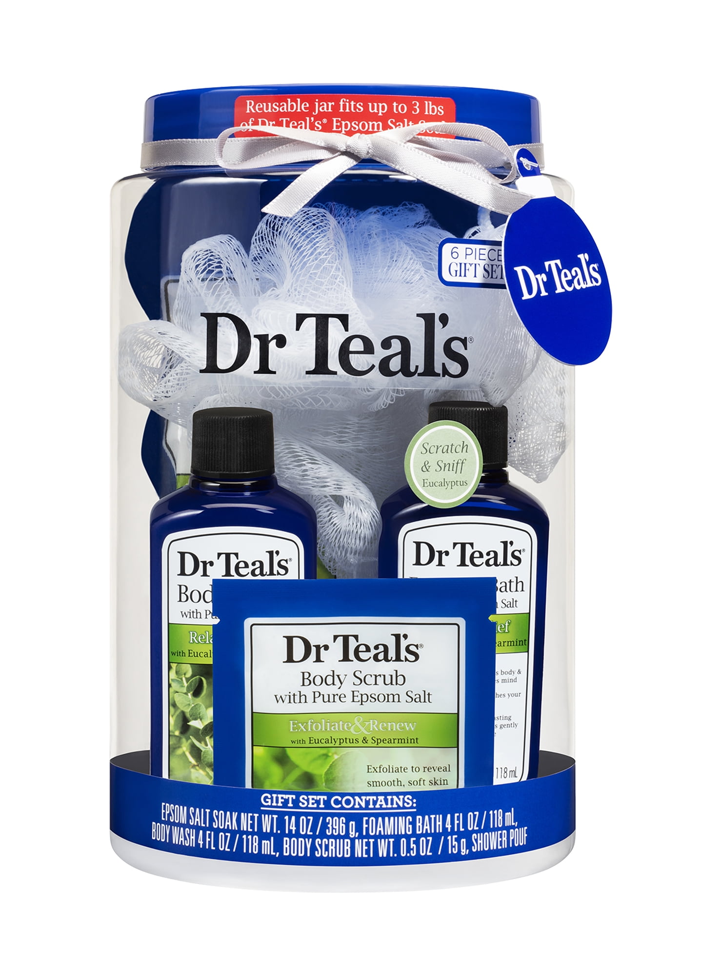 Dr Teal's 6PC Bath Gift Set with Reusable Container: Eucalyptus & Spearmint