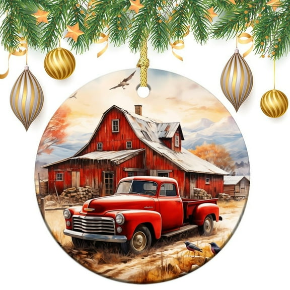 Ceramics Ornaments Hello Winter Holiday Double-Sided Printed 3" Ceramic Christmas Ornament Red Barn And Animals Best Gifts for Christmas Ornament Xmas Present