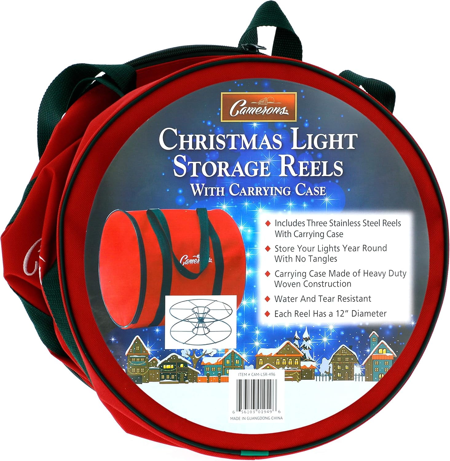 Camerons Christmas Light Storage Reel 3 Pack w Zippered Carrying Bag Case- 12" XL Heavy Duty Metal Construction for Tree Lights, Wind up Extension Cords, Garland- Holiday Decoration Organizer