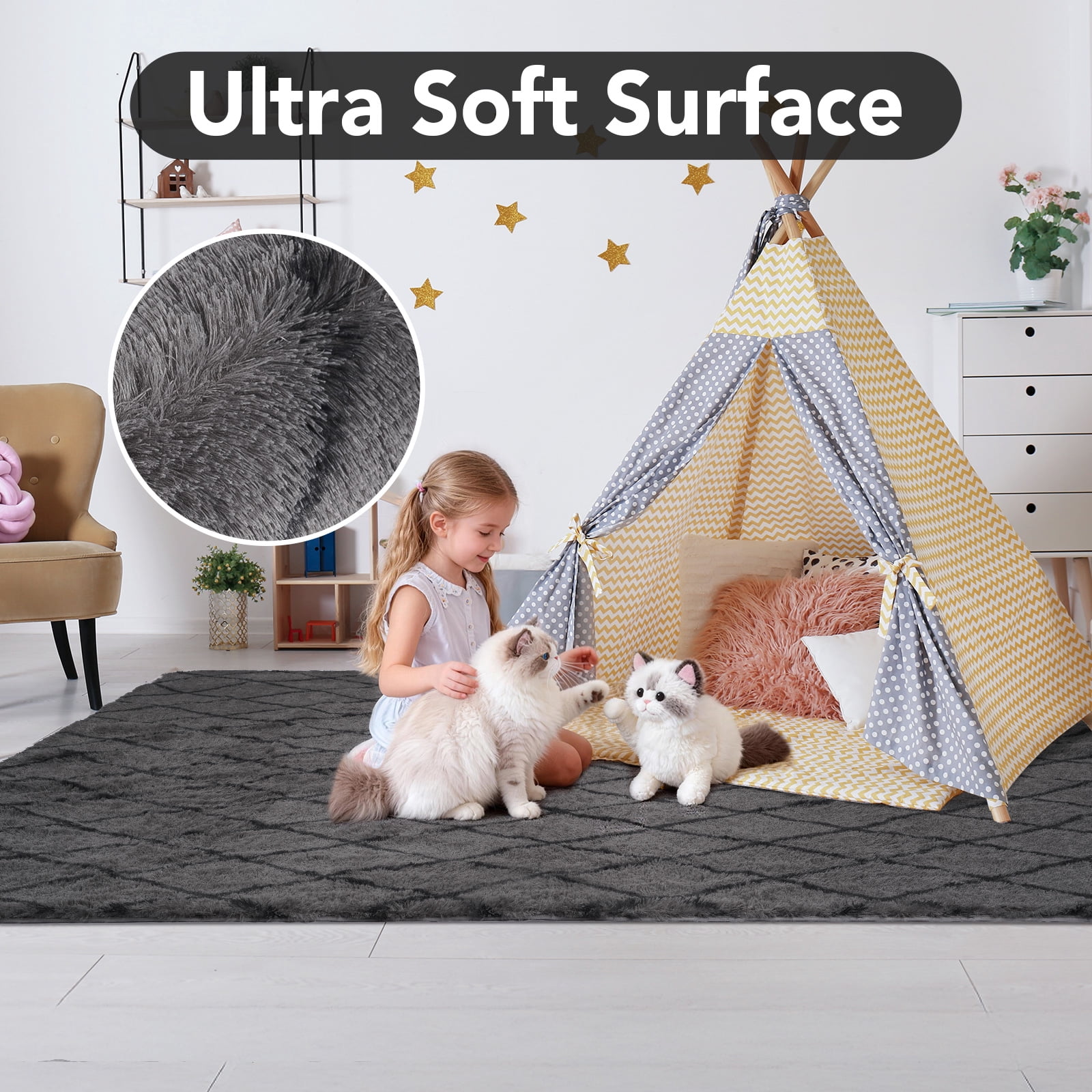 CozyDesg Shag Area Rugs,4'x6' Soft Fluffy Shaggy Carpet for Living Room,Large Rug for Bedroom Dining Room Home Decor Room Decor,Dark Gray & Black