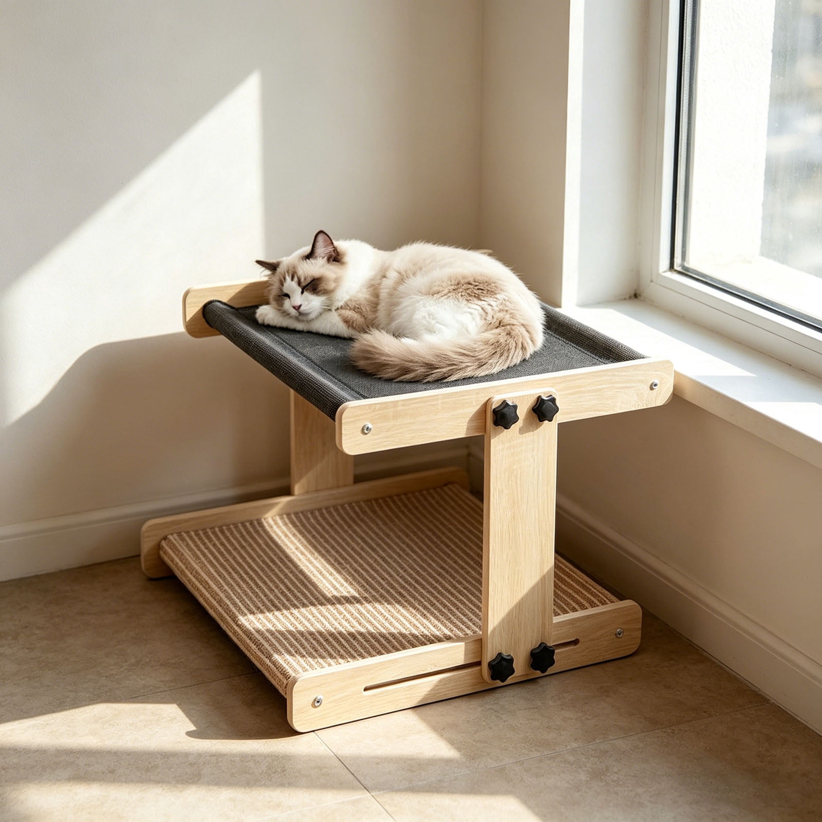 Dual-Level Cat Perch,Wooden Cat Window Perch,Floating Cat Shelf, Cat Hammock Bed, Cat Window Seat, For Indoor Cats 17Inch