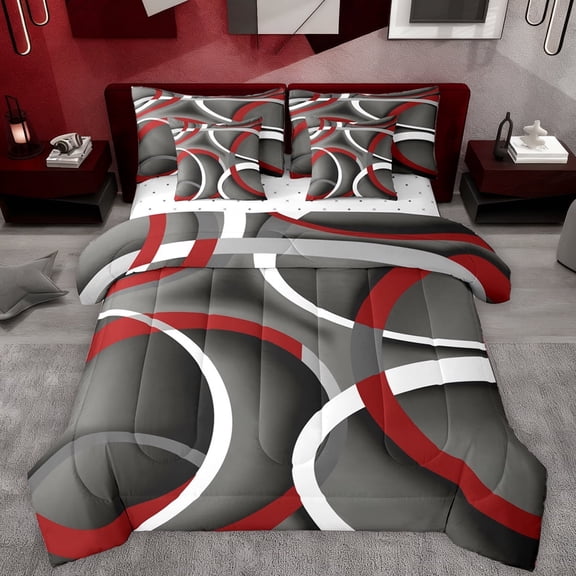 Manfei Vintage Geometric Stripe 7-Piece Bedding Comforter Set,Modern Abstract Art King Bedding Sets,Red Gray White Bed Sheets For Men Women,Super Cozy Room Decor Reversible