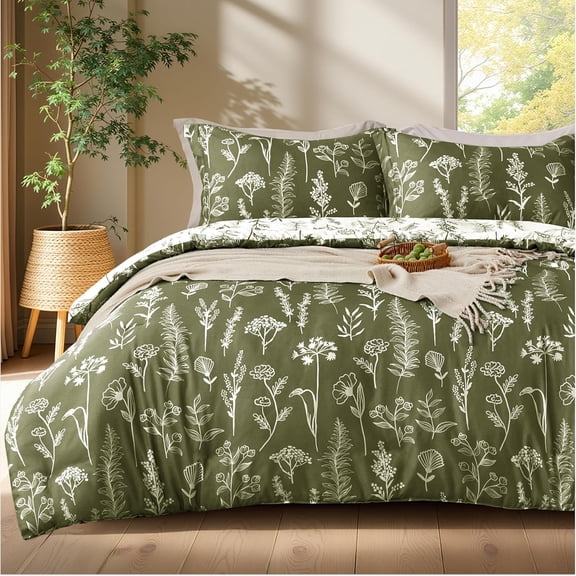 Queen Comforter Set Olive Green, 3 Pieces Floral Queen Bedding Set with 1 Soft Reversible Botanical Comforter and 2 Pillow Shams, Bed in a Bag for All Seasons