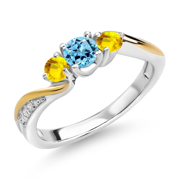 Gem Stone King 925 Silver and 10K Yellow Gold Swiss Blue Topaz Yellow Sapphire and White Lab Grown Diamond 3 Stone Engagement Ring for Women (0.65 Cttw, November Birthstone, Size 5)