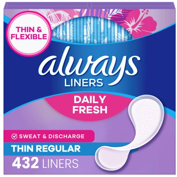 Always Daily Fresh Thin Liners, Regular Absorbency, Unscented Panty Liners, 432 Count (2 Packs of 216)