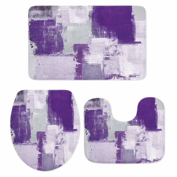 Modern Oil Painting Bath Mat 3 Piece Bathroom Rug Set, Purple Grey Abstract Graffiti Art Non Slip Bath Rug Contour Mat and Toilet Lid Cover, Absorbent Shower Mats Soft Bath Rugs and Mats Sets