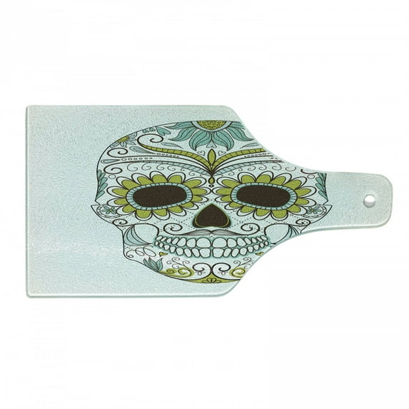 Sugar Skull Cutting Board, Folkloric Calavera Elements Floral Day of the Dead Theme, Decorative Tempered Glass Cutting and Serving Board, Wine Bottle Shape, Green Brown Seafoam, by Ambesonne
