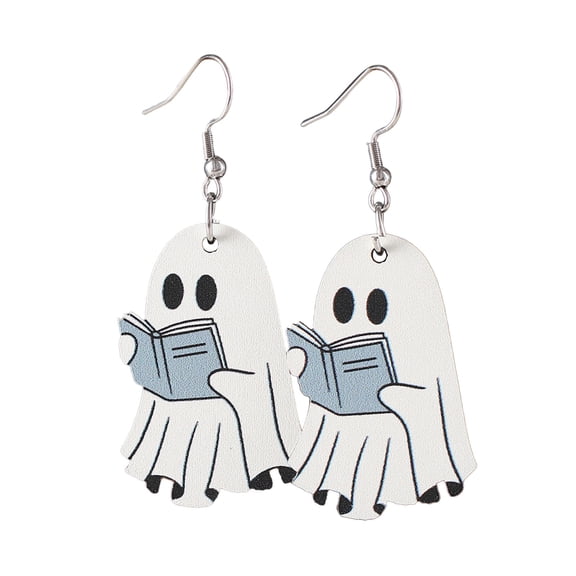 1 Pair Halloween Drop Dangle Earrings for Women Lightweight Wooden Cute Ghost Earrings Theme Gifts Party, Wooden Ghost Reading Books Dangle Earring Jewelry,0.9x2.2 Inch