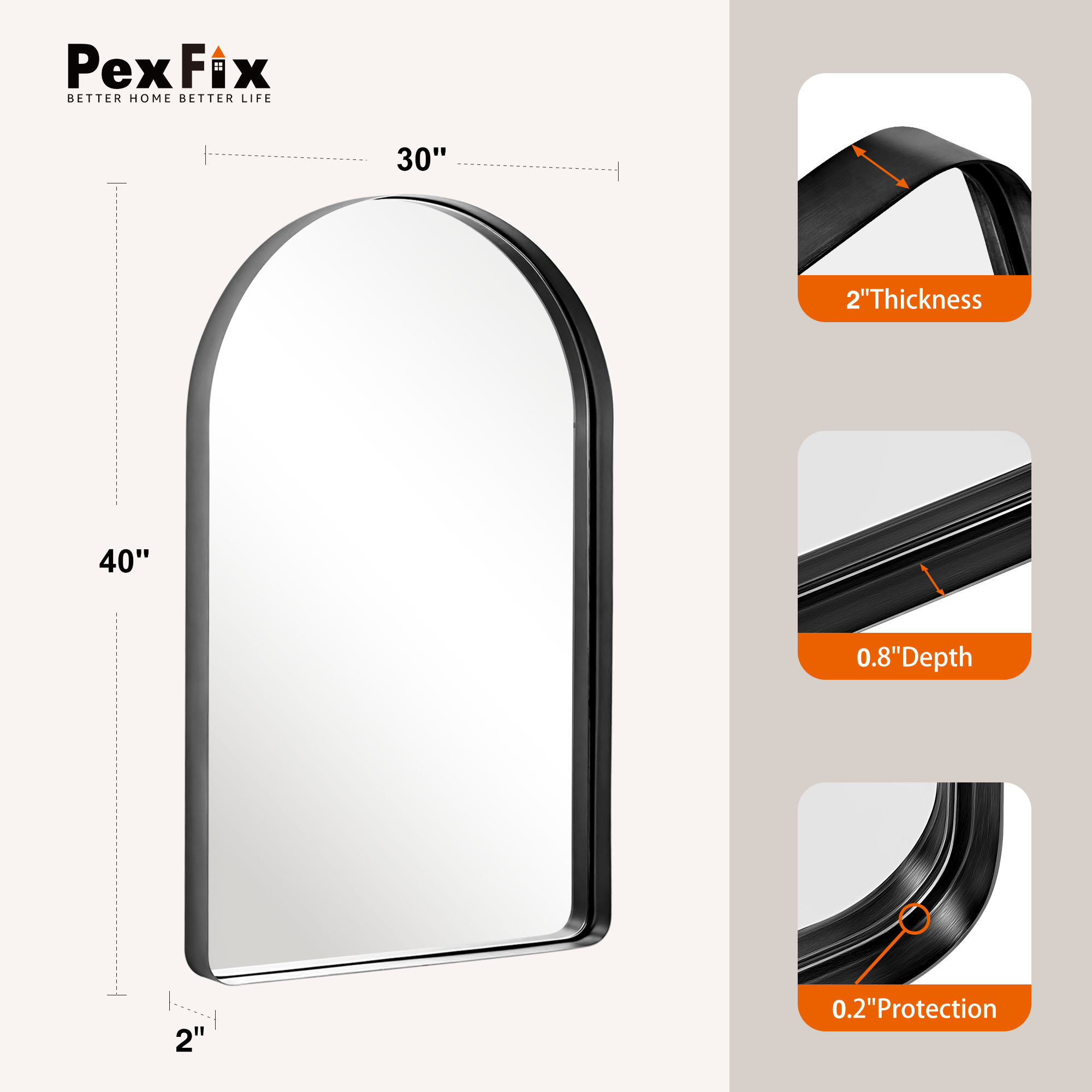 40"x29" Aluminum Alloy Wall Mount Rounded Corner Arched Mirror,Black