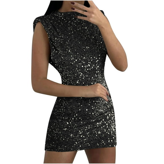 Drses Women's Elegant Sparkly Sequin Mini Dress - Bodycon Flying Sleeve Round Neck for Cocktail & Evening Parties