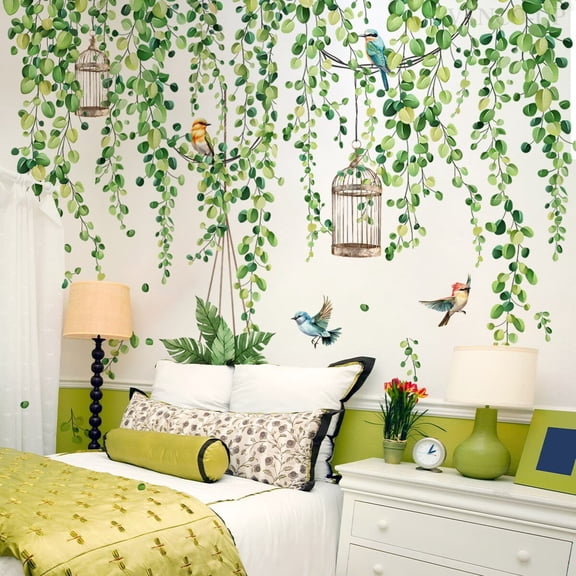 Large GreenTree Branch Wall Decals tree wall sticker  Hanging Vine Leaves Birds Wall Stickers for Living Room Bedroom Sofa TV Background