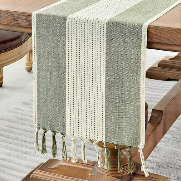 120cm Long Macrame Cotton Linen Table Runner with Tassels Handmade Farmhouse Style Coffee Table Runner for Parties and Everyday Use (Sage Green, 120c