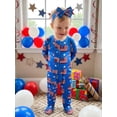 thumbnail image 3 of BemeyourBBs Newborn Baby Girl Boy 4th of July Outfit Footed Romper FootieJumpsuit Infant Baby Patriot Independent Day Clothes American Flag Stripe Print Ruffles Long Sleeve Zipper Romper Headband Set, 3 of 9