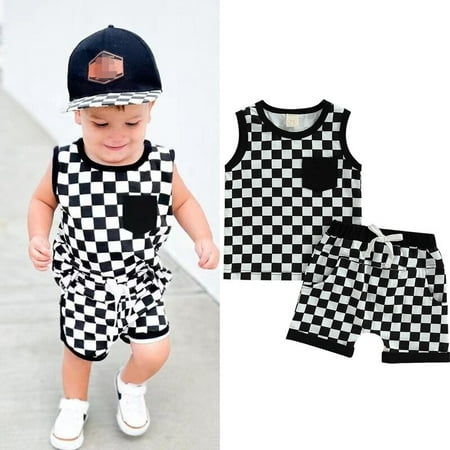 

2pcs Toddler Baby Boys Summer Clothes Sets Checkerboard Plaid Print Sleeveless Vest Tops +Drawstring Shorts