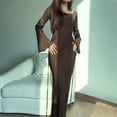 thumbnail image 4 of Vestido Elegante de Otoño para Mujer, Ajustado, Fruncido, con Mangas Largas Acampanadas y Aberturas para Cóctel Marrón L, 4 of 8