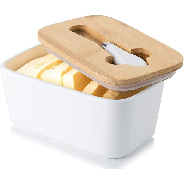 Beurrier en céramique Boîte à beurre en porcelaine avec couvercle en bois 