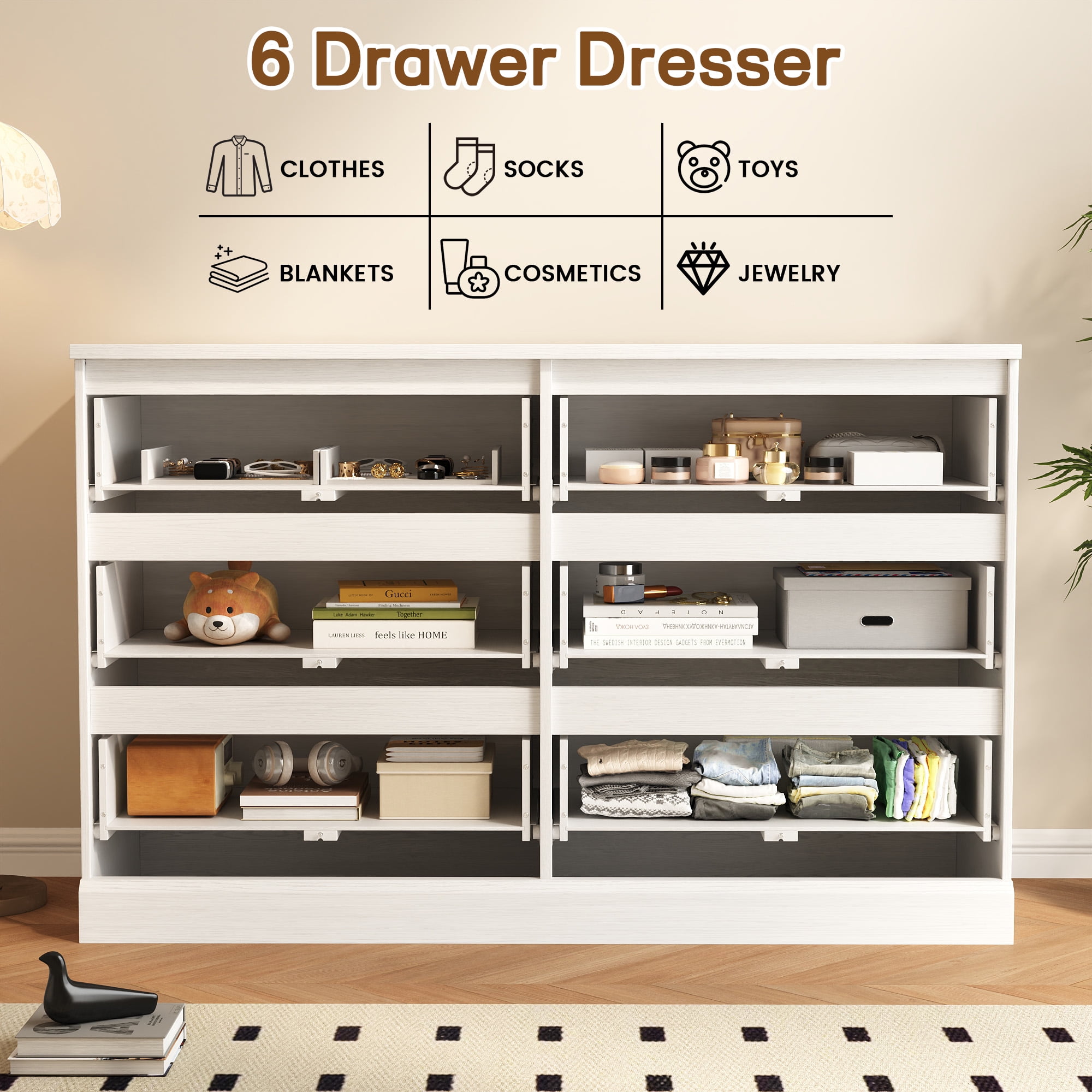 6 Drawer Dresser, Wood Chest of Drawers for Bedroom, White Modern Storage Cabinet Dresser Organizer Unit for Living Room, Closet
