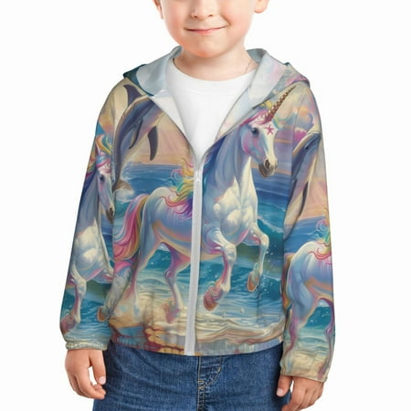 

Ocsxa Dolphin Rainbow Horse Print Kids Active Zipper Sun Protection Jacket Boys Girls Hooded Cooling Shirt-2 Years