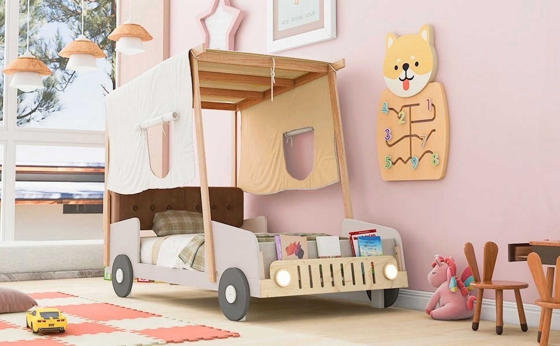 Wood Twin Size Car Bed with Pillow & LED - Sturdy & Fun