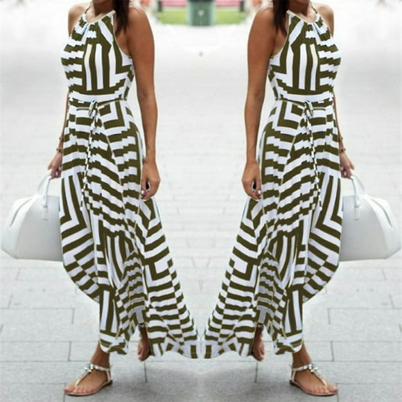 jsaierl Black and White Striped Halter Empire Waist Flowy Swing Casual Beach Vacation Summer Prom Evening Long Maxi Dresses