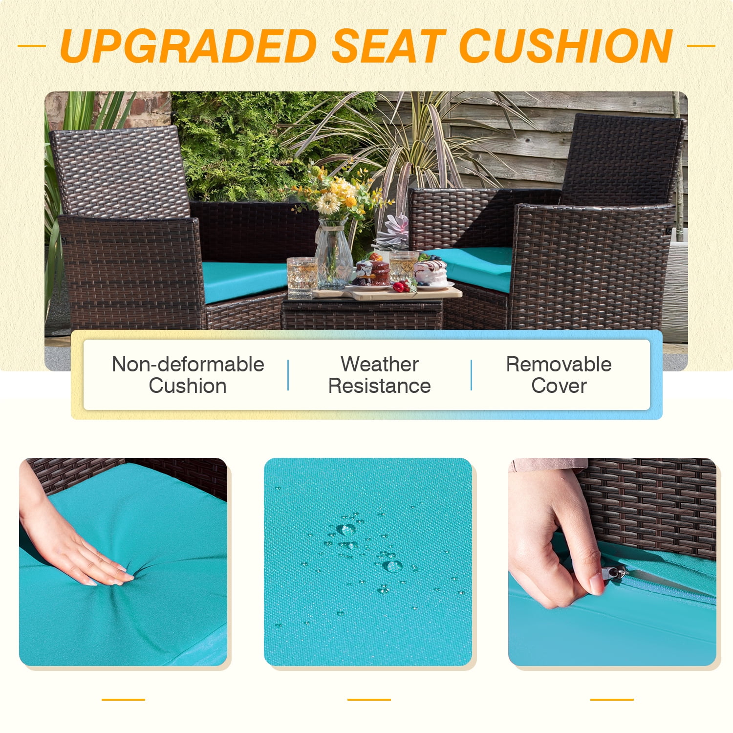 Homall 3 Pieces Patio Furniture Set Outdoor PE Rattan Wicker Patio Conversation Set Bistro Set with Tempered Glass and Cushioned Chairs, Brown/Blue