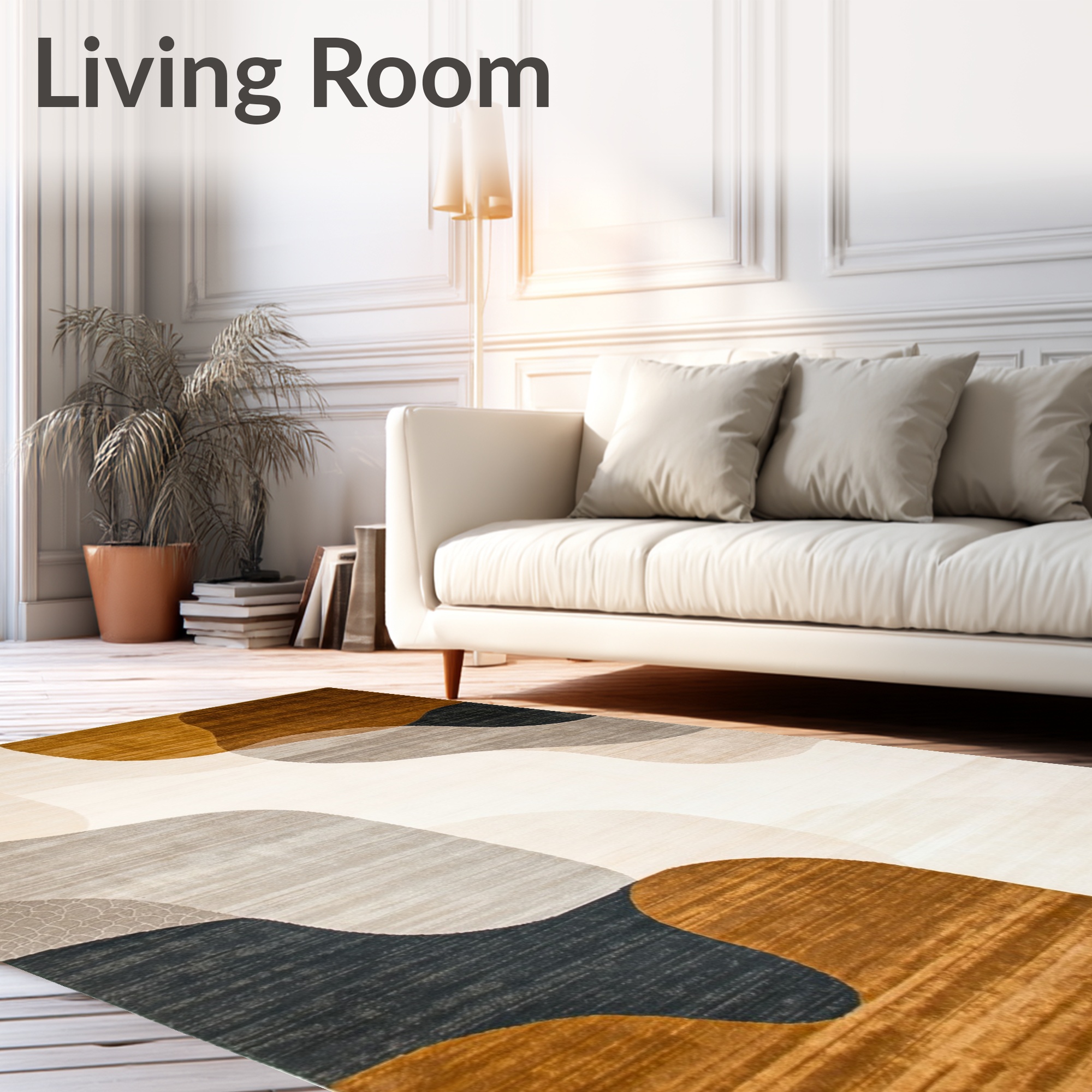 ODIKA 6'x9' Machine Washable Non-Slip Area Rug, Modern Non Slip with Curved Lines and Earthy Neutral Palette High Traffic Rug with Pad, Beige, 52459