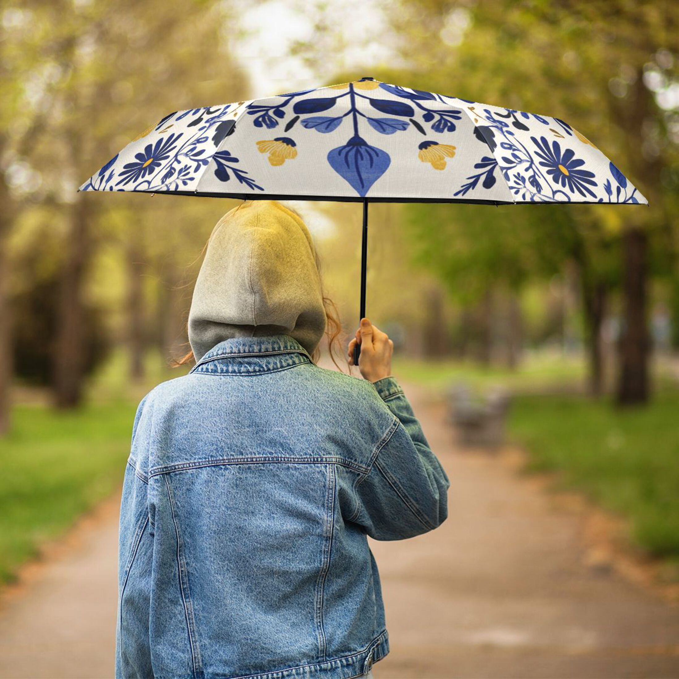 Dark Blue and Yellow Flowers Symmetrical All Weather Umbrella Triple Folding Parasol 6 Ribs UV Protection Portable