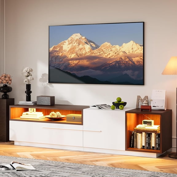 LED TV Stand for 70/75/80 inch TV, 71" Modern TV Stand for Living Room, Wooden Minimalist TV Console Table, TV Entertainment Center with Storage Cabinet, TV Console - White & Walnut