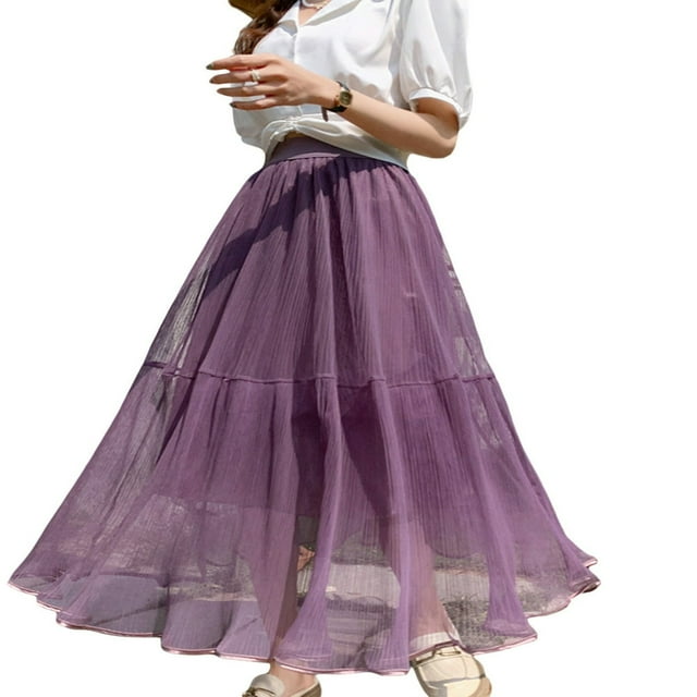 Robe Mi-Longue Plissée Couleur Unie Doublée en A Été Printemps Fête de Rue Longue Jupe
