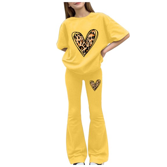Girls Two Piece Outfits Summer Tween Girls Clothes 2 Piece Outfit T-Shirt Top Wide Leg Pants Girl Trendy Clothing Set, Sizes 7-16 Years