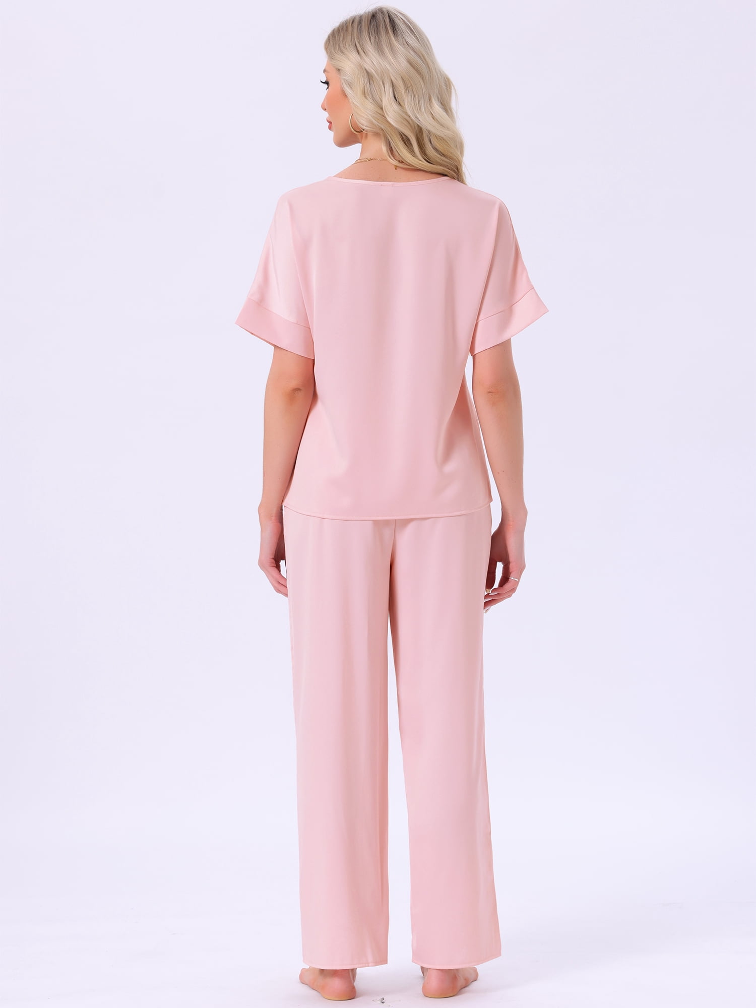 DARING DIVA Satin Pajamas Silky Short Sleeve V Neck Shirt Long Pant Set M Pink