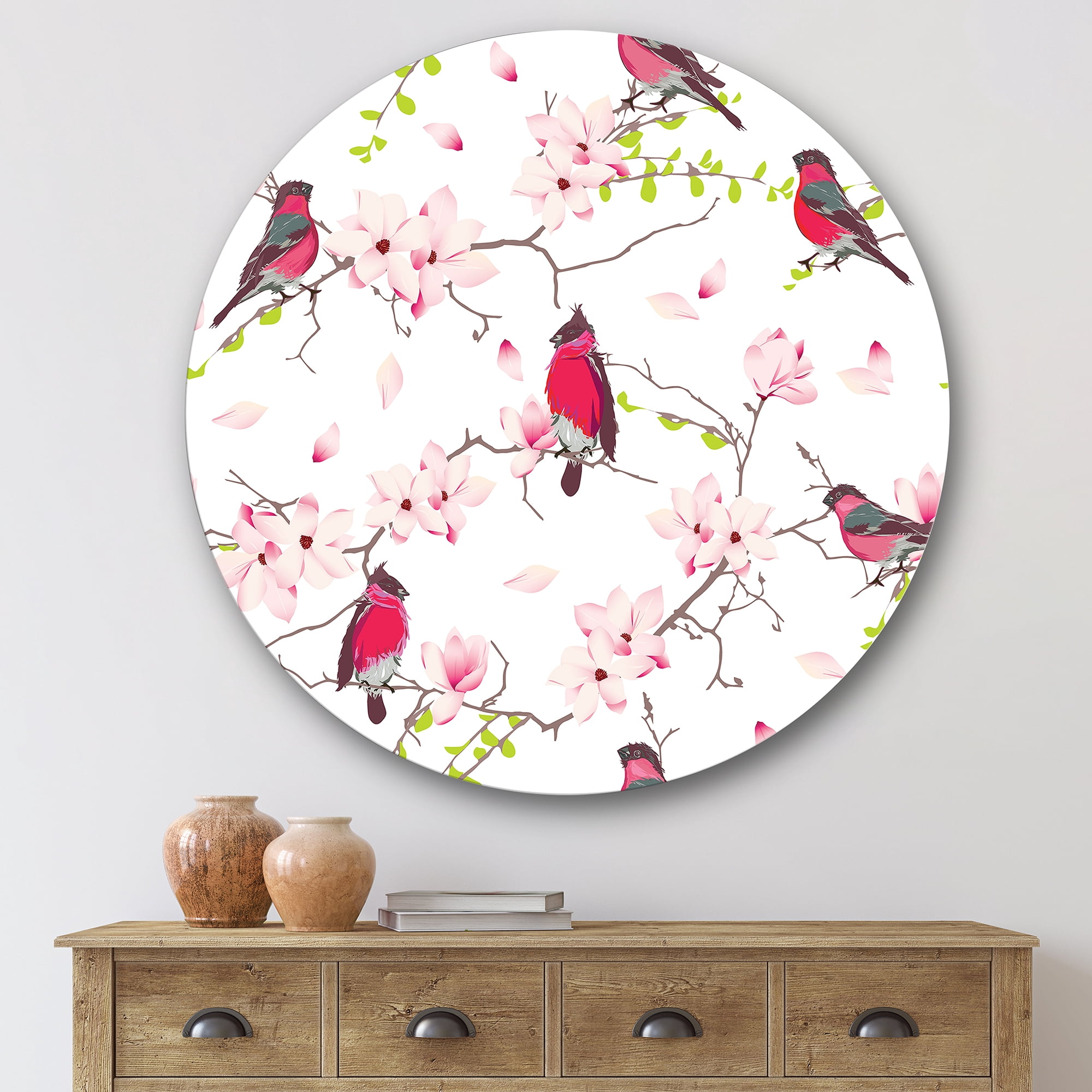 Designart 'Red Bullfinches Sitting On Magnolia Tree' Traditional Circle Metal Wall Art 29x29 - Disc of 29