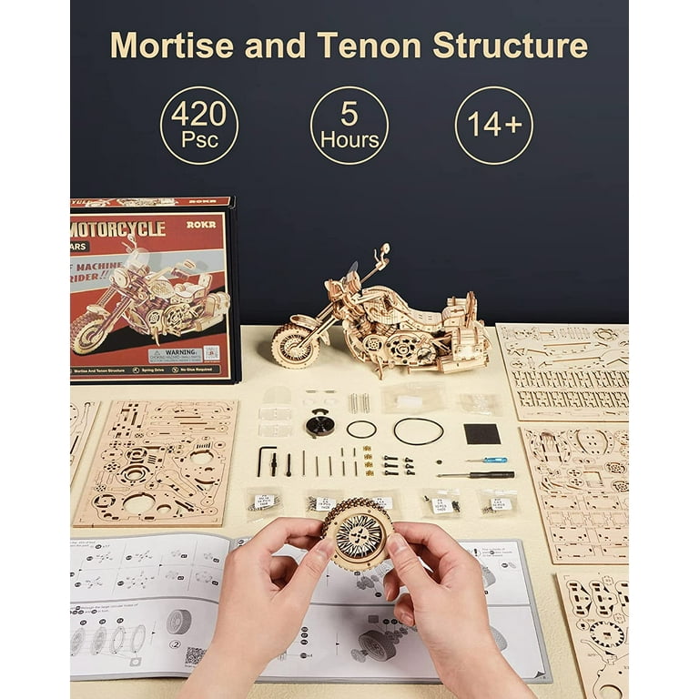 ROKR 3D Wooden Motorcycle Model Kit, 420PCS DIY 1:8 Mechanical