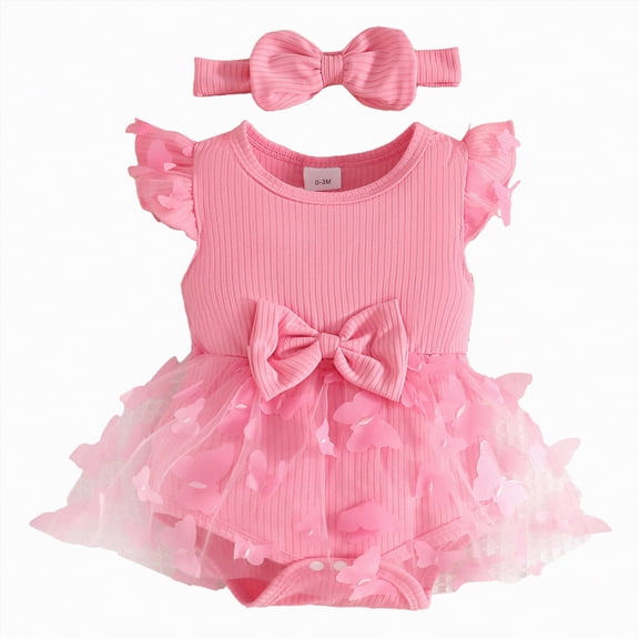Linfrsh Newborn Girl Outfit Baby Girl 1st Birthday Clothes One Year Old Tulle Romper Short Sleeve Bodysuit Cake Smash Outfits(Pink,9-12 Months)