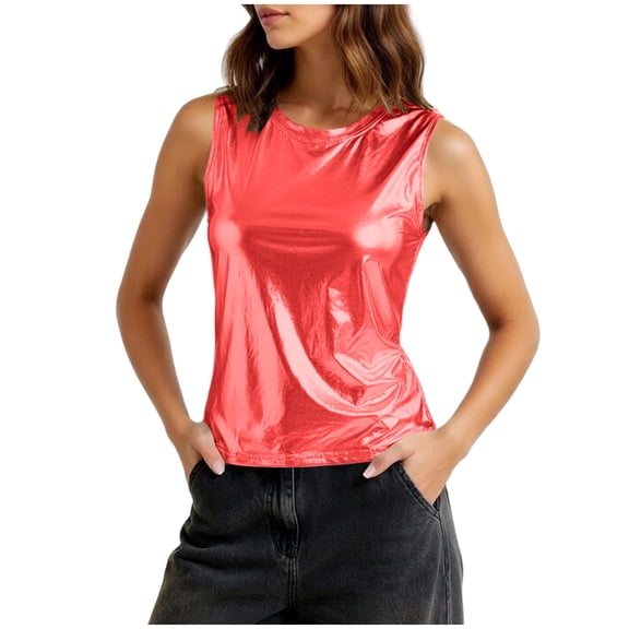 Admvng Womens Metallic Shiny Sleeveless Tank Tops Crew Neck Party Club Night Out Casual Camisole Blouse