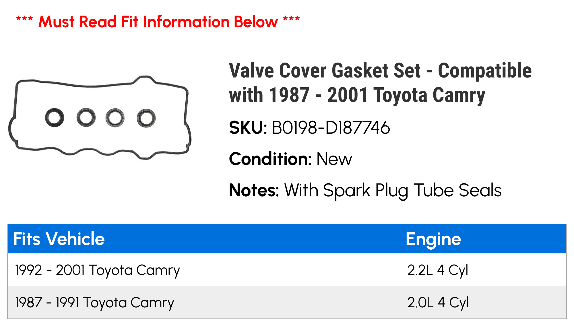 Valve Cover Gasket Set - Compatible with 1987 - 2001 Toyota Camry 1988 1989 1990 1991 1992 1993 1994 1995 1996 1997 1998 1999 2000