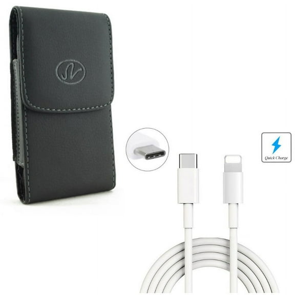 USB Cable w Case Belt Clip for iPhone 11 Pro - 6ft Type-C to iPhone Charger Power Cord, Leather Holster Cover Pouch Vertical for iPhone 11 Pro Models