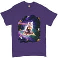thumbnail image 1 of Tee Hunt Cat Firing Rainbow Laser Riding Pizza Slice in Space T-Shirt Weird Men's Tee, Purple, Large, 1 of 5