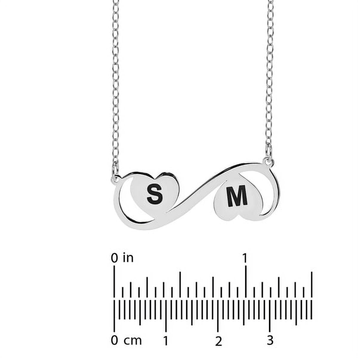 Personalized Sterling Silver or 14K Gold Plated Sterling Silver Laser Engraved Two-Initial Infinity Necklace with Hearts with 18 inch Link Chain. Spring Ring Clasp.