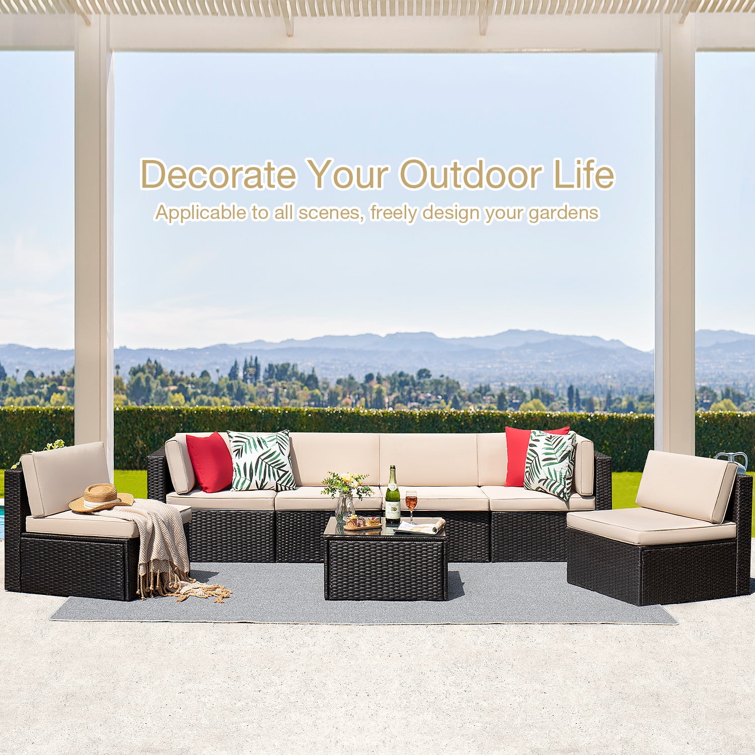 Vineego 7 Pieces Outdoor Patio Furniture Sets Wicker Sectional Sofa All-Weather PE Rattan Conversation Sets, Beige