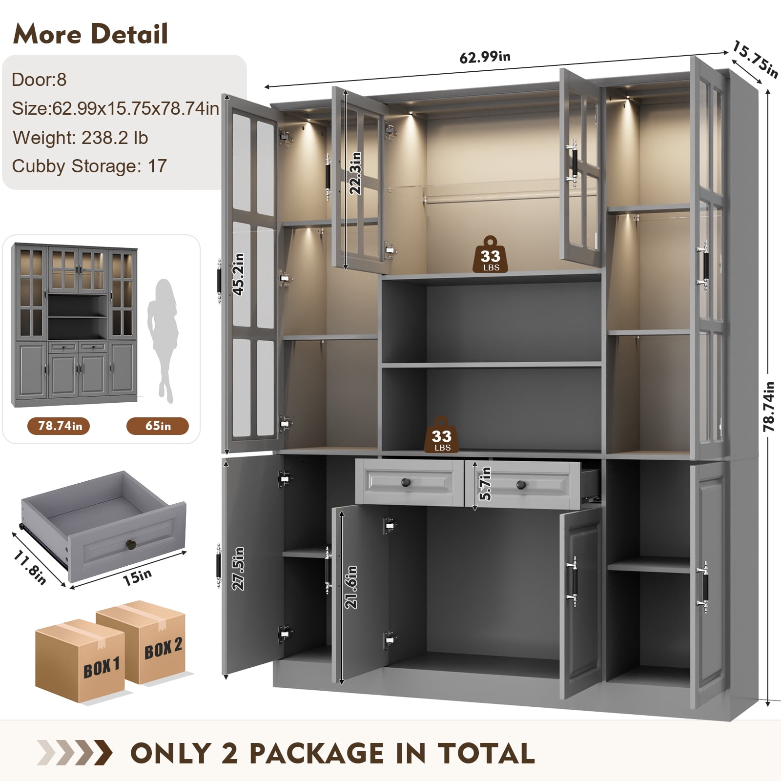 MEISSALIVVE 78.7" Kitchen Pantry Cabinet with Glass Doors & LED Lights, Freestanding Storage Hutch with Shelves, Gray Pantry Cupboard, 62.99" W x 15.7" D
