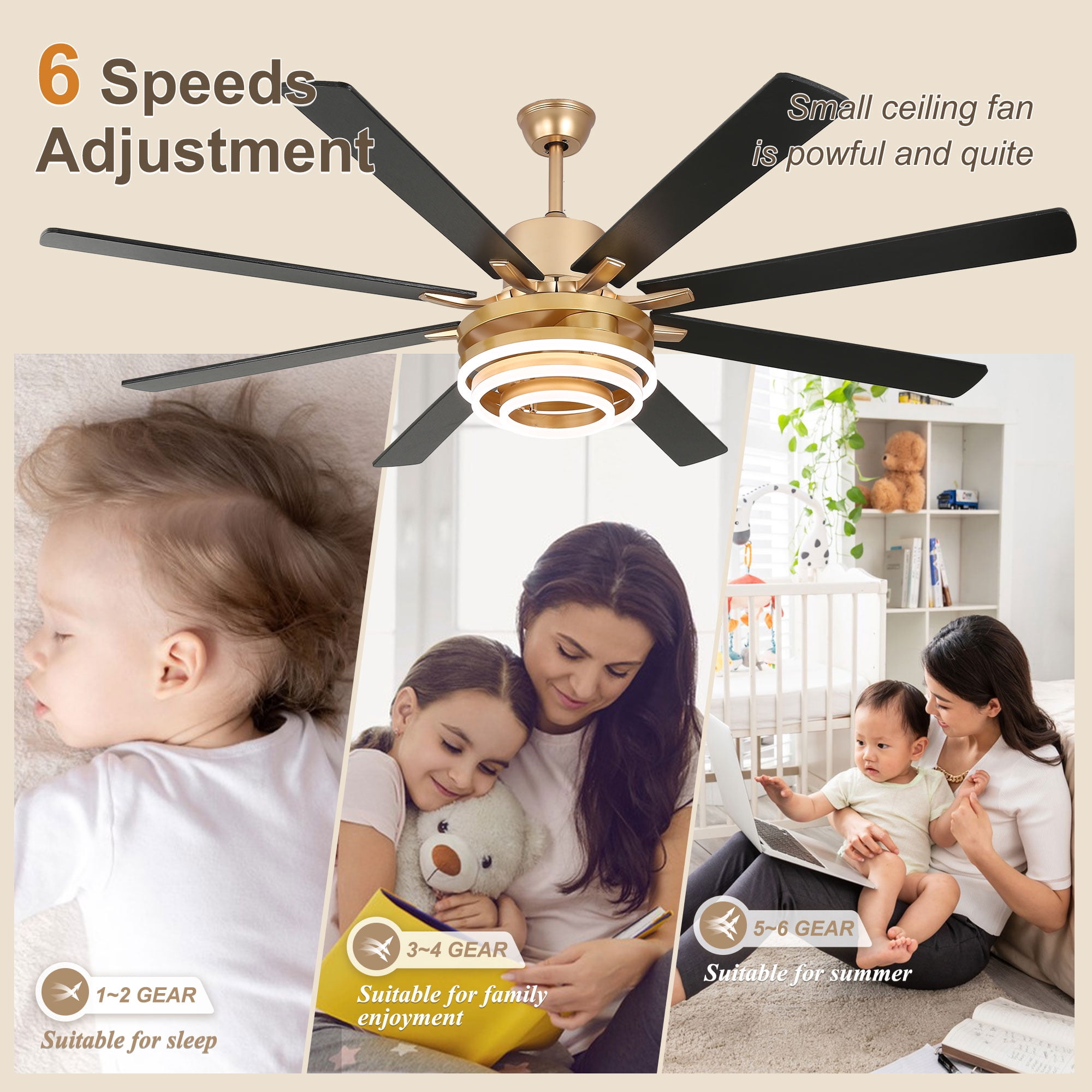 Bella Depot 72" Modern LED Gold Ceiling Fan 6-Speed Reversible DIY Shape Chandelier With Dimmable Light and Remote Control