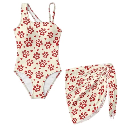 Xoenoiee Heart Dog Paw Print Girls One-Piece Swimsuit with Adjustable Strap and Matching Cover Up Skirt Quick Dry Bathing Suit Padded Swimwear Set Size 11-12 Years